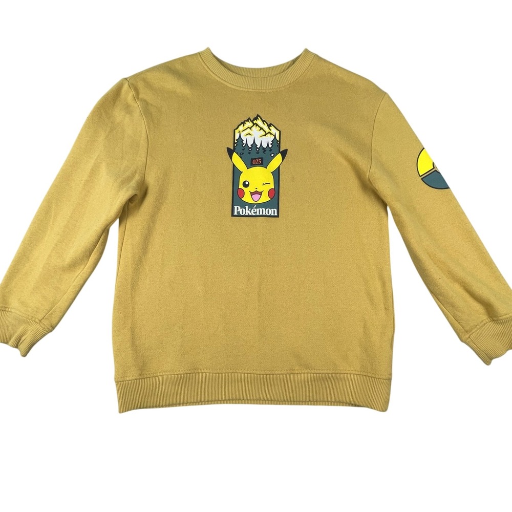 Pokemon Sweatshirt Kids L Yellow Pikachu Winking Mountain Graphic Fleece